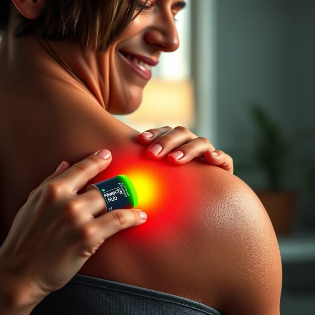 A high-resolution, photorealistic image of a person gently massaging Rewards Rub onto their shoulder with a visibly relaxed and relieved expression. Highlight the targeted area with a subtle glow or red to green gradient to symbolize pain relief. Background can be slightly blurred indoor setting.