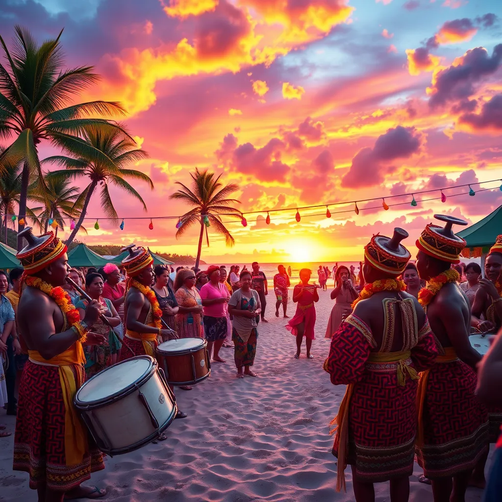 A lively and colorful scene from a Gwo-Ka music festival taking place on a beach at sunset. The image captures musicians playing traditional instruments like drums and flutes, dressed in vibrant traditional attire, passionately performing to an enthusiastic crowd of diverse spectators dancing joyfully. The sky is filled with rich hues of orange, pink, and purple as the sun sets on the horizon, casting a warm glow over the sandy beach. The scene includes tropical trees and festive decorations like colorful banners and lights strung between them. Each musician is detailed with intricate patterns on their clothing, showcasing cultural craftsmanship. Rendered in an atmospheric and vibrant style, this photorealistic image should focus on the emotions of the audience and musicians alike, with high clarity to highlight the textures of instruments and fabrics, in ultra-high definition 8K resolution.