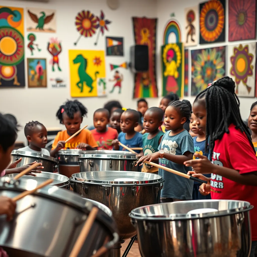 A lively community workshop showcasing children and adults engaged in learning steel pan music. In the foreground, an instructor is demonstrating techniques, with colorful steel pans and cultural art pieces surrounding them, emphasizing collaboration and creativity.