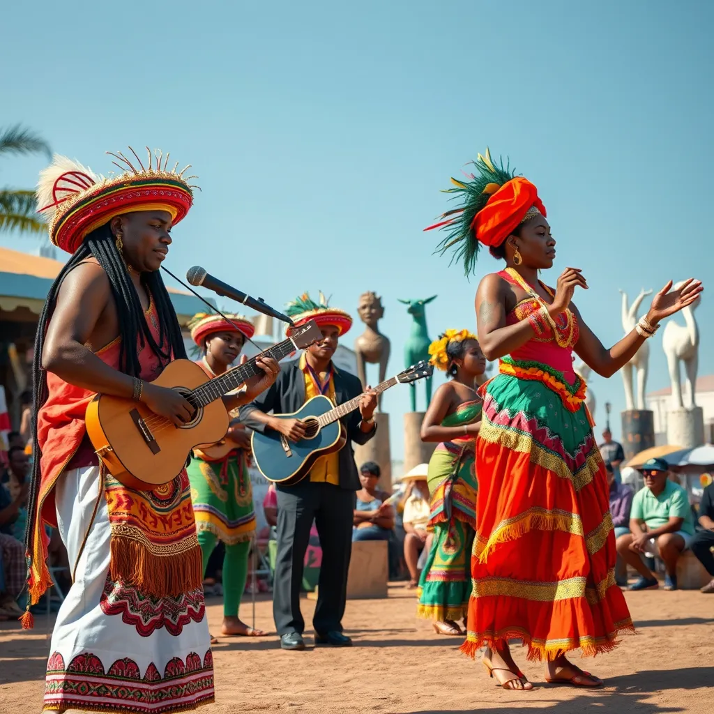 A lively cultural event at Good Vybz, featuring local musicians playing traditional instruments, dancers in colorful costumes, a backdrop with artistic sculptures displayed outdoors, with an audience enjoying the performance under a clear blue sky.