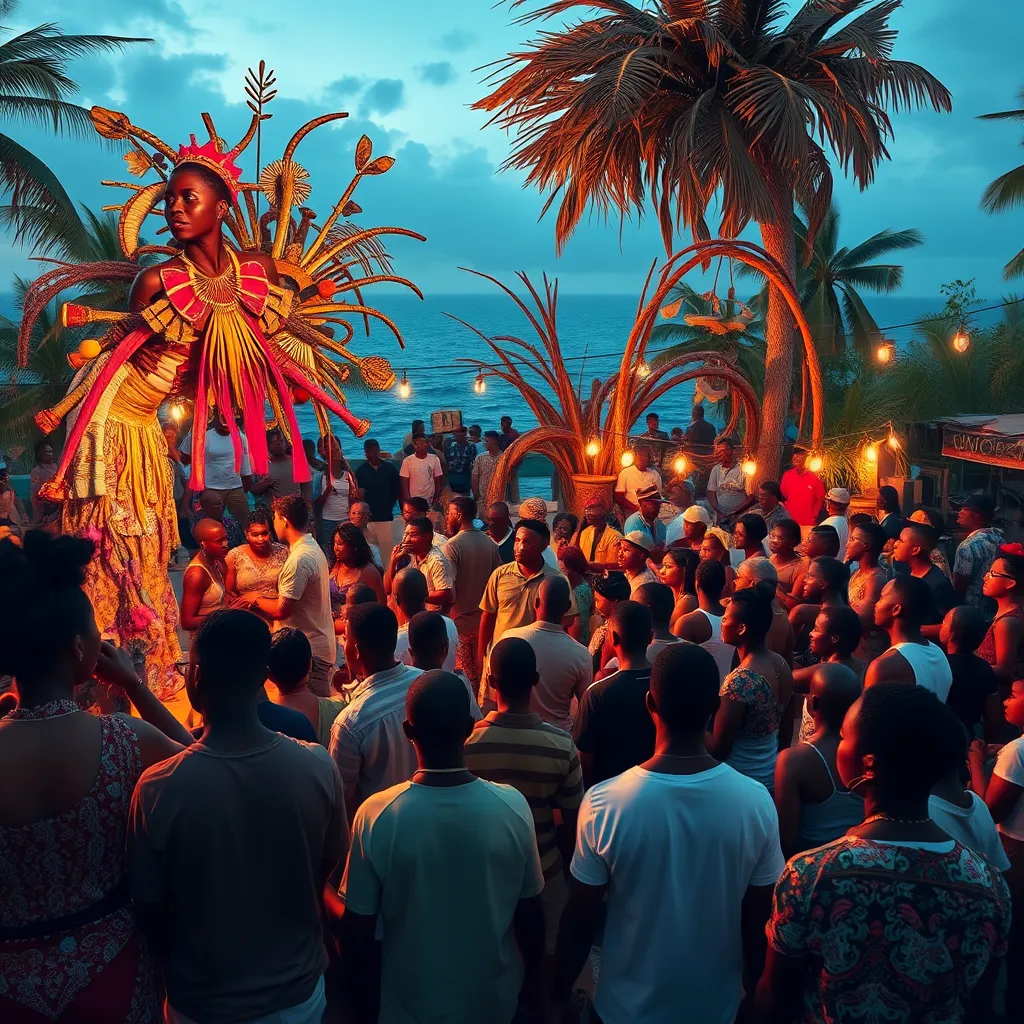 A lively cultural festival at Good Vybz with local artists showcasing their work. Illustrate traditional creole music and art installations made from recycled materials, with a large audience enjoying the vibrant atmosphere. The ocean can be seen in the background.