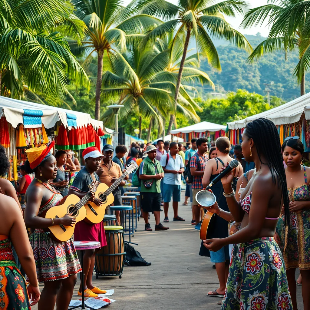 A lively festival scene in Guadeloupe featuring traditional music performances, local crafts for sale, and tourists enjoying the atmosphere. The backdrop includes lush tropical scenery and cultural displays, reflecting the vibrancy of the local economy and tourism.