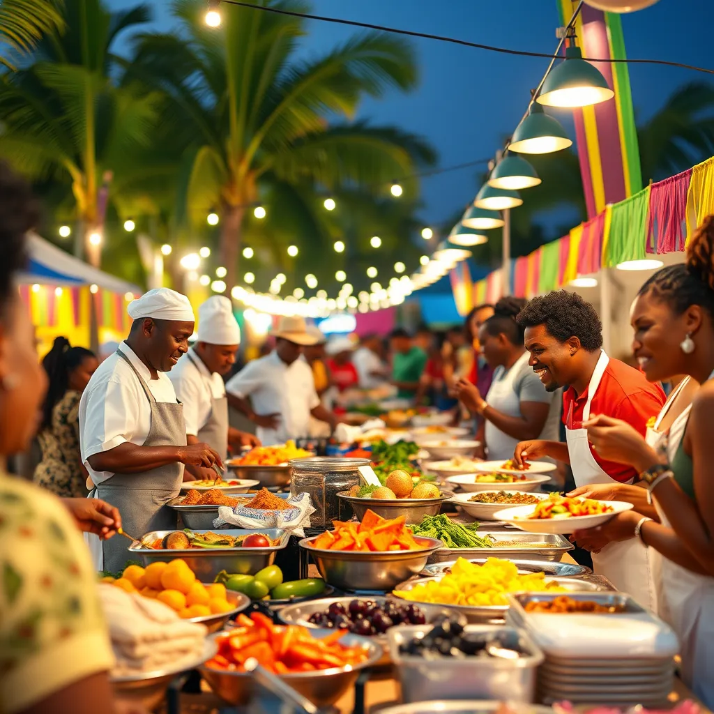 A lively open-air culinary showcase at the 'Kréyol Run For Health', featuring local chefs preparing traditional Caribbean dishes. The scene is vibrant, showcasing colorful stalls filled with fresh ingredients like tropical fruits, fish, and vegetables. Bright, soft lighting illuminates the chefs in action, evoking a festive and welcoming atmosphere. The color palette bursts with vivid reds, yellows, greens, and blues, reflecting the spirit of Caribbean culture. Captured from a mid-angle perspective, attendees eagerly sample dishes, smiling and interacting. Background elements include palm trees, colorful banners, and decorative lighting strung overhead. The image must be hyperrealistic, emphasizing textures in food and clothing, produced in stunning 8K resolution with ultra-detailed clarity.