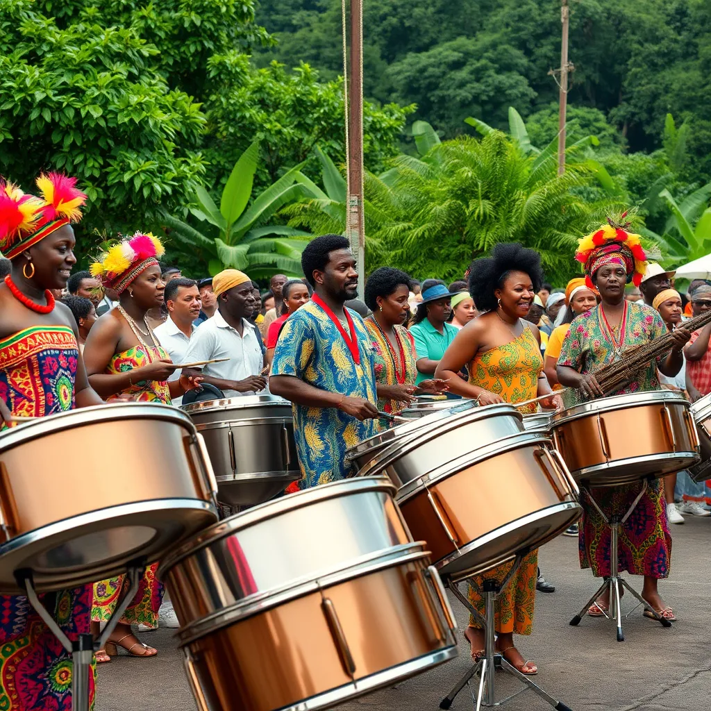 A lively outdoor scene of the Kreyol Steel Pan Competition, showcasing various steel pan bands from multiple Caribbean islands performing enthusiastically. Colorful costumes, traditional instruments, and a joyful audience, with a backdrop of lush greenery typical of Dominica, capturing the essence of Caribbean heritage.