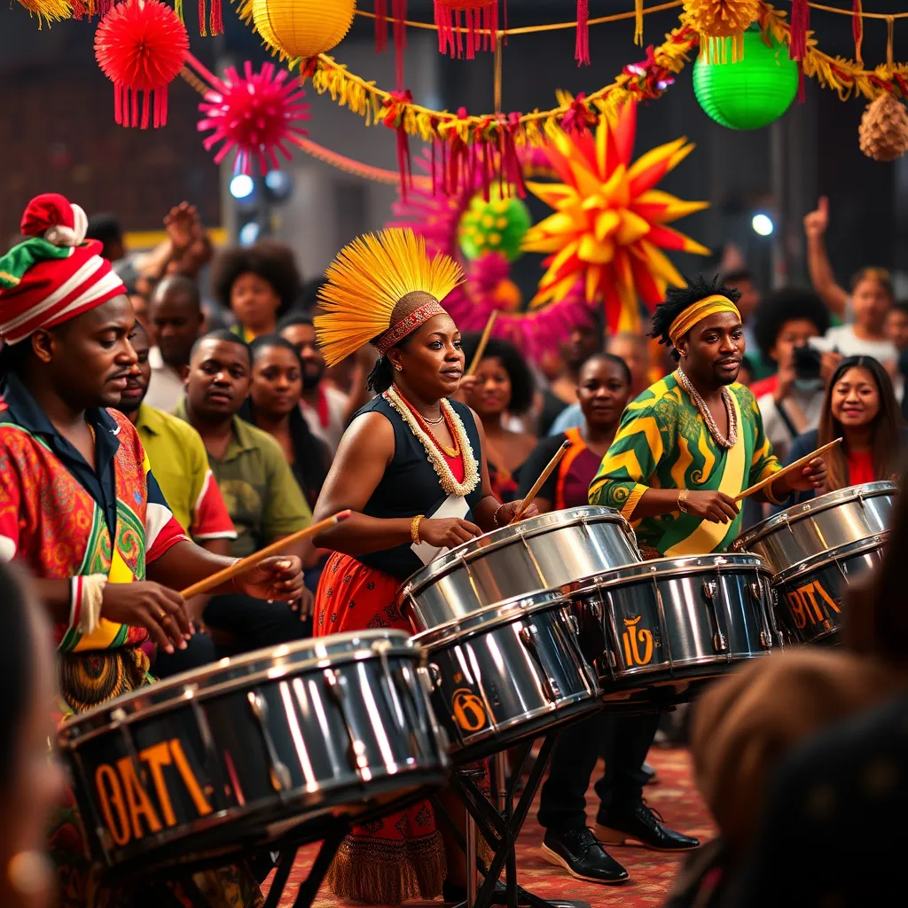 A lively scene depicting musicians from Guadeloupe, Dominica, Martinique, and Saint Lucia playing steel pans together in harmony. The performers should be in traditional attire, surrounded by vibrant decorations representing their cultures, with an enthusiastic audience enjoying the music.