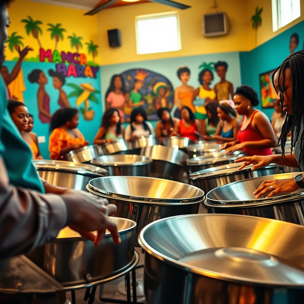 A lively workshop scene featuring participants of diverse backgrounds engaged in learning steel pan techniques. The setting is a colorful community center with bright murals celebrating Caribbean culture. Soft diffused lighting illuminates the space, creating a warm and inviting atmosphere. Various steel pans in different sizes are scattered around, with close-ups on hands skillfully playing them. Textures of the pans' metallic surfaces are highlighted, reflecting the light. A blend of vibrant colors like turquoise, deep orange, and sunny yellow enhances the mood of creativity. The composition captures a wide-angle view, showcasing attendees enthusiastically participating while a skilled musician leads. The image is styled in the vibrant, dynamic vein of Caribbean tradition, with an ultra-detailed finish that captures the joy and energy of the moment in 8K resolution, hyperrealistic quality.