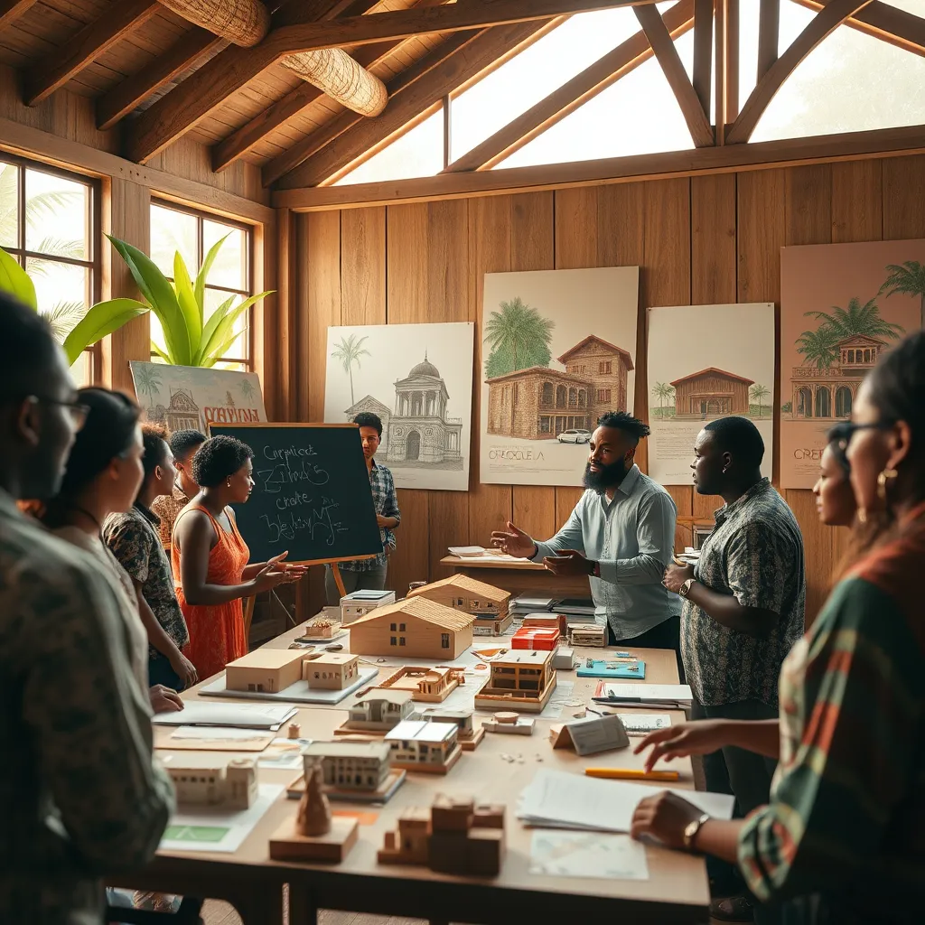 A photorealistic depiction of a vibrant Creole architecture workshop, featuring diverse participants engaged in discussions around architectural models. The workshop is filled with natural light streaming through large windows, illuminating wooden beams and colorful materials spread across tables. In the foreground, a local architect enthusiastically explains the principles of sustainable building design using vibrant drawings on a chalkboard. The background displays posters showcasing iconic Creole buildings in warm earthy tones, while lush tropical plants peek through the windows. Capture this scene in warm, inviting tones to evoke a sense of community and creativity. The image should be ultra-detailed, showcasing textures of wood and fabric, in 8K resolution, with dramatic soft diffused lighting to enhance the atmosphere. Style references could include the works of renowned architectural photographers like Iwan Baan, emphasizing the interplay of nature and architecture.