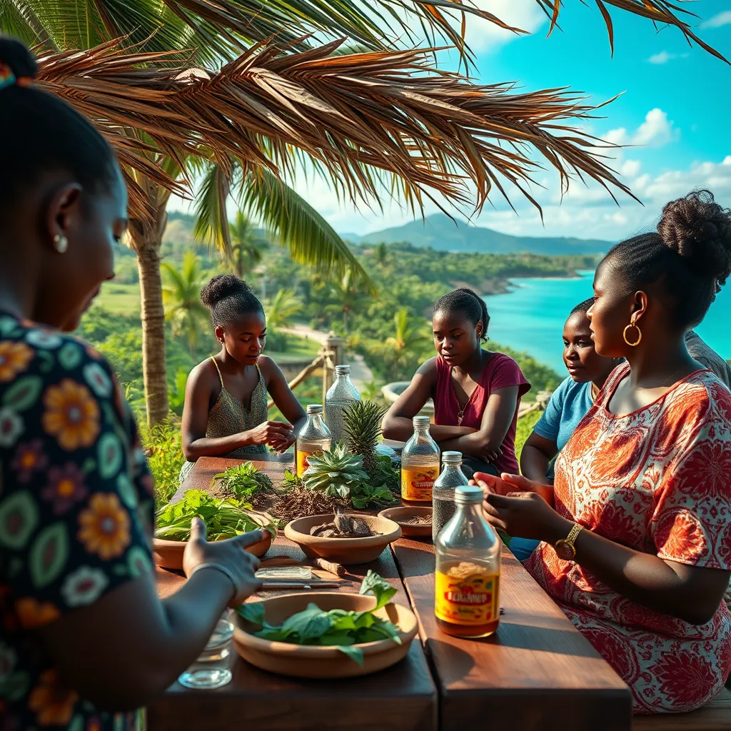 A photorealistic image depicting a community workshop in a Caribbean setting, where people are learning about alternative health products. Include visuals of local herbs, community members engaged in discussions, and a backdrop of a Caribbean landscape.