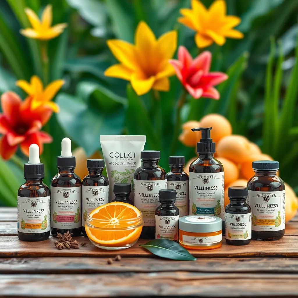 A photorealistic image displaying an array of natural wellness products like essential oils, balms, and dietary supplements, set on a wooden table with tropical flowers and fruits in the background, highlighting their natural origin.