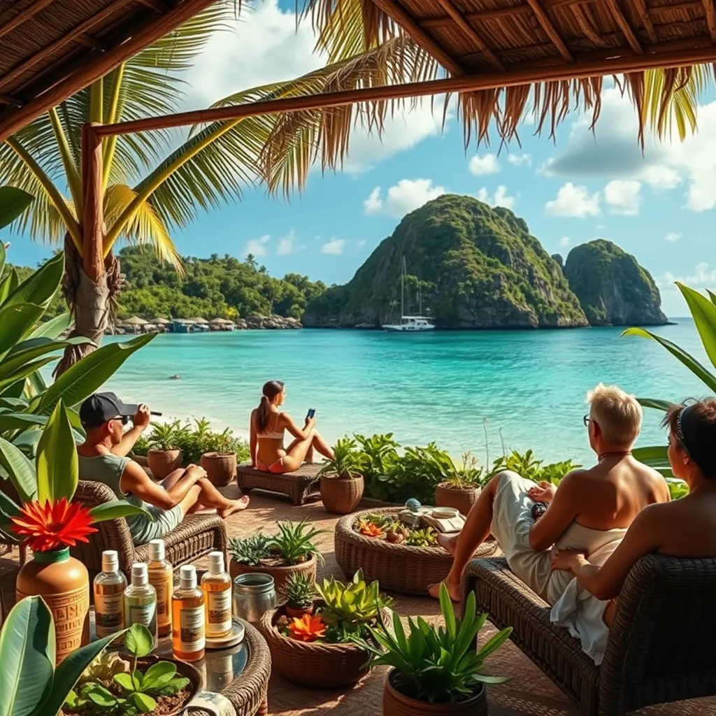 A picturesque Caribbean island with tourists relaxing in a wellness retreat setting, surrounded by exotic plants, local herbal products on display, soothing beach sounds in the background, and a local expert explaining the benefits of Caribbean medicinal herbs.