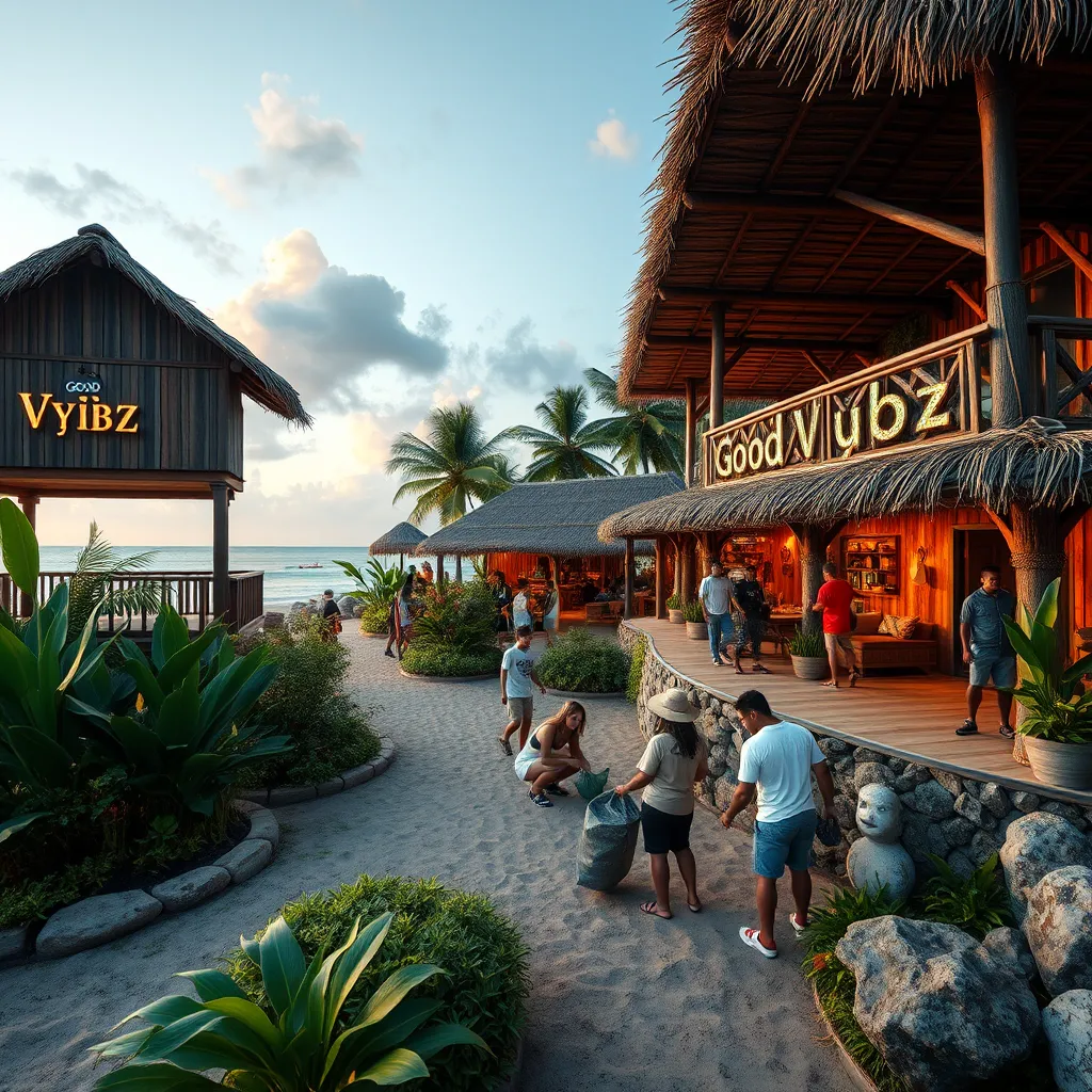 A picturesque view of the Good Vybz establishment, featuring eco-friendly structures made from natural materials, lush gardens with local plants, and a group of people participating in a beach clean-up, illustrating a commitment to sustainability in a tropical paradise.