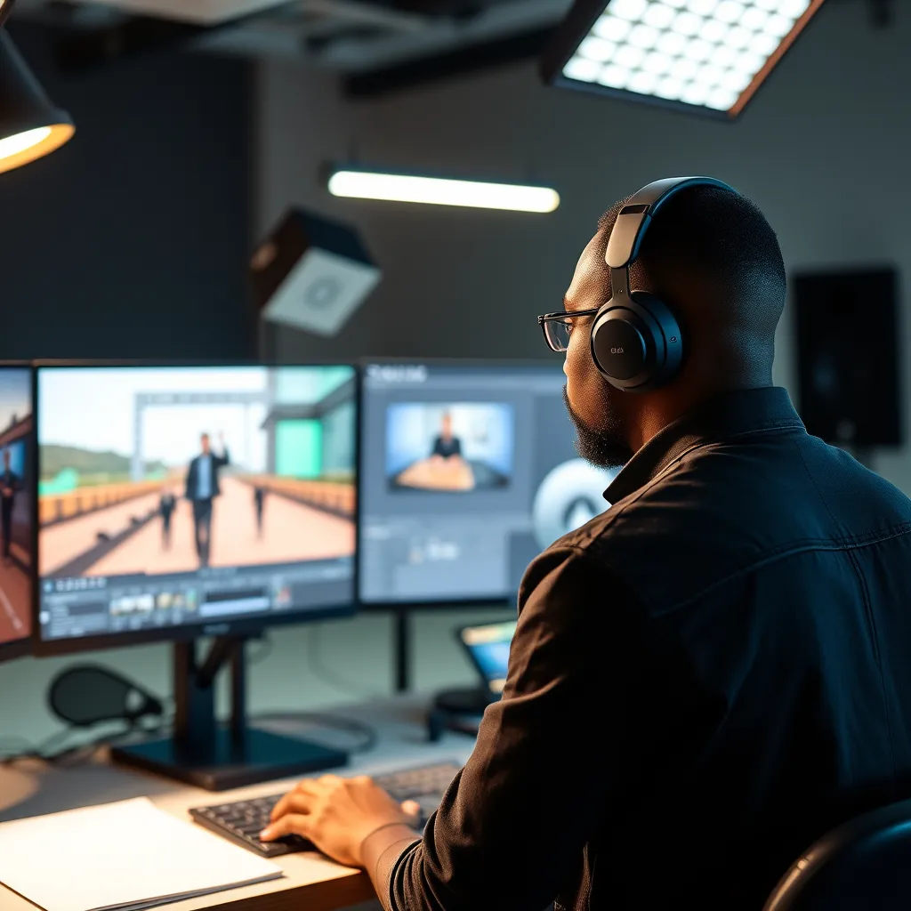 An advanced editing suite showcasing a screen with vibrant video projects in progress, surrounded by high-end audio-visual equipment. Include a creative professional working intently on editing software, demonstrating innovation and dedication in the production process.