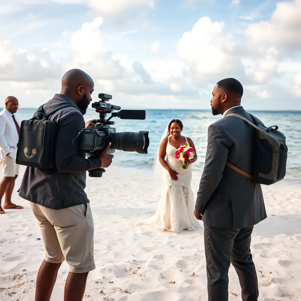 A beautifully captured wedding scene outdoors, showing a diverse couple exchanging vows with colorful decorations around them. Include a professional videographer in action, recording the emotional moments, with soft lighting enhancing the romantic atmosphere.