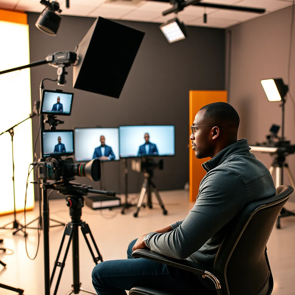 A creative team working on video production in a dynamic studio environment, with various audiovisual equipment in use. The team is brainstorming ideas, reviewing video clips on screens, and surrounded by vibrant colors and an inspirational atmosphere. The scene should convey collaboration and innovation.