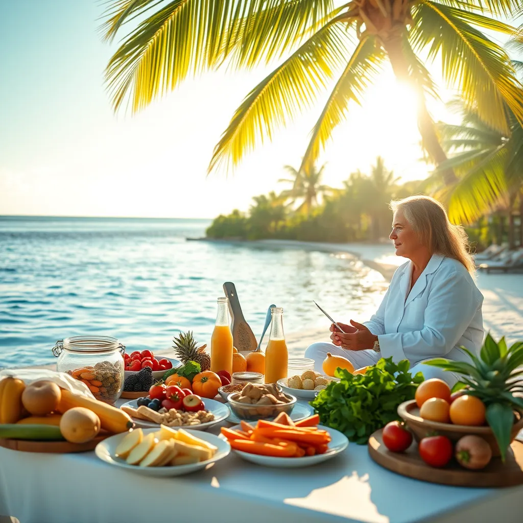 A serene Caribbean beach with healthy foods laid out on a table, a professional naturopath giving a nutritional consultation, palm trees in the background, bright sunlight reflecting off the water, and a sense of tranquility and well-being.
