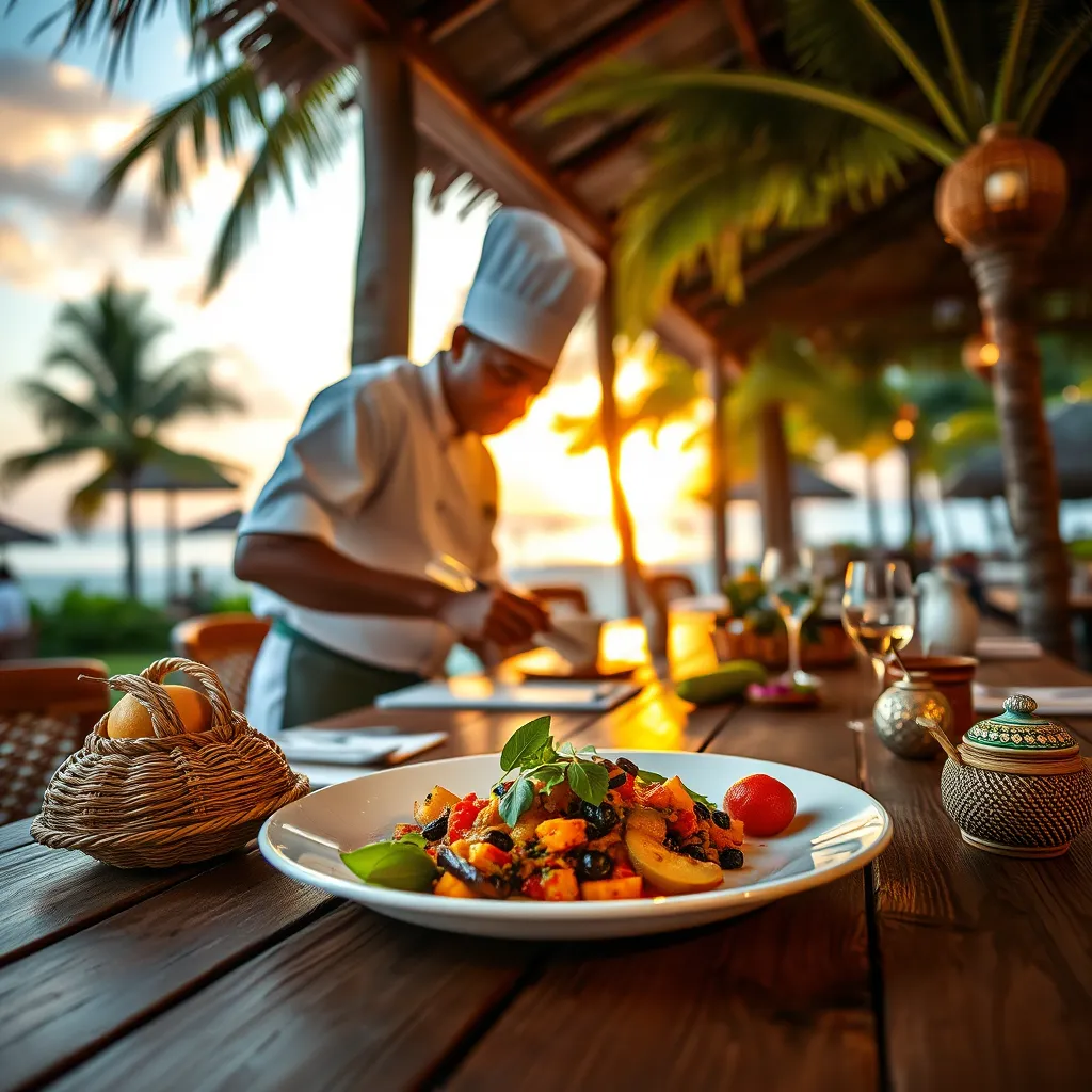 A stunning beachfront restaurant setting at Good Vybz, featuring a chef creatively plating a vibrant dish of Caribbean cuisine. The scene is bathed in soft diffused lighting reflecting the warm sunset, with palm trees swaying gently in the background. The color palette includes rich greens, deep blues, and warm oranges, creating a joyful and inviting atmosphere. The camera angle is slightly above eye level, capturing a close-up of the dish accompanied by local fresh fruits and herbs artfully arranged on the table. Textures of the wooden table are detailed, highlighting the natural materials used. Small decorative elements, such as traditional woven baskets and colorful ceramics, are placed on the table. The style references contemporary Caribbean photography, ensuring a hyperrealistic and ultra-detailed image at 8K resolution.