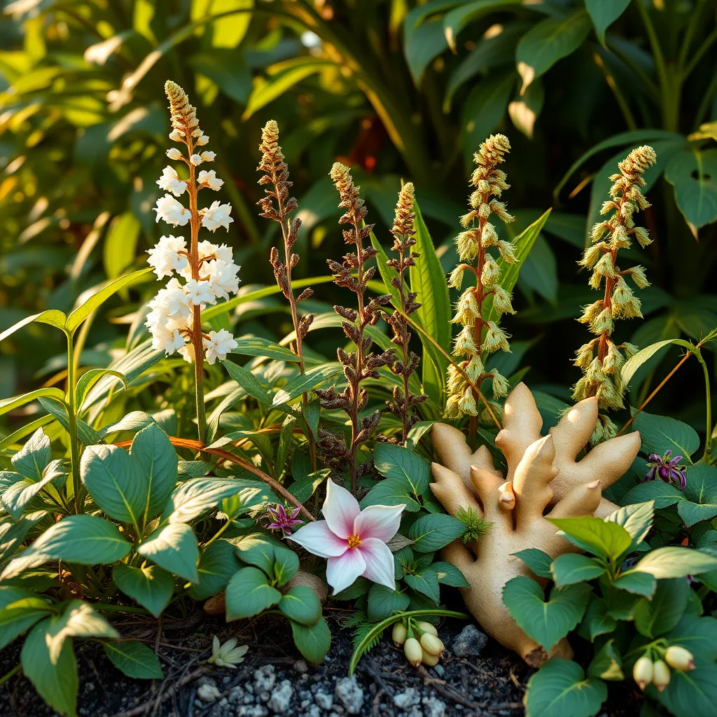 A vibrant, photorealistic image showcasing a selection of Caribbean medicinal plants in a natural setting. Include a variety of herbs like moringa and ginger with lush tropical foliage in the background, emphasizing their healing properties.