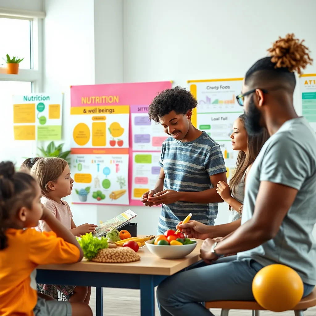 A vibrant and engaging educational workshop setting with children and adults participating. Display a diverse group of individuals interacting with colorful charts on nutrition and well-being. Include organic foods and stress-relief tools, in a bright, well-lit environment.