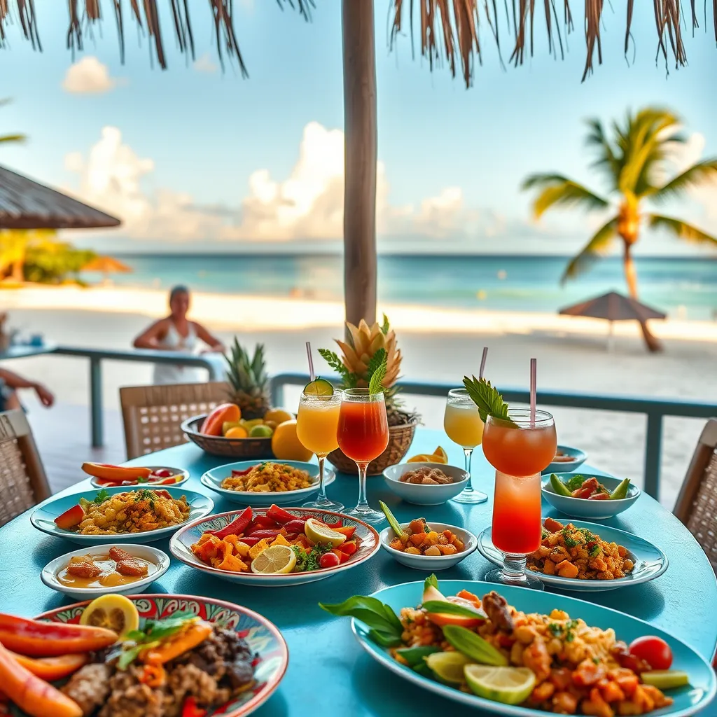 A vibrant beach bar setting in Guadeloupe, featuring a table beautifully arranged with colorful plates of traditional Creole dishes, fresh tropical fruits, and cocktails made with local ingredients, all against a backdrop of a serene beach and palm trees.