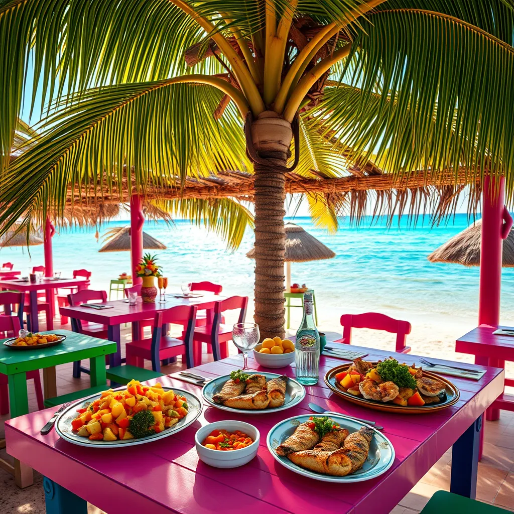 A vibrant beach restaurant setting with colorful tables, showcasing an array of Creole dishes, such as grilled fish and tropical fruit salads, under a palm tree, with the turquoise Caribbean Sea in the background, sun shining bright.