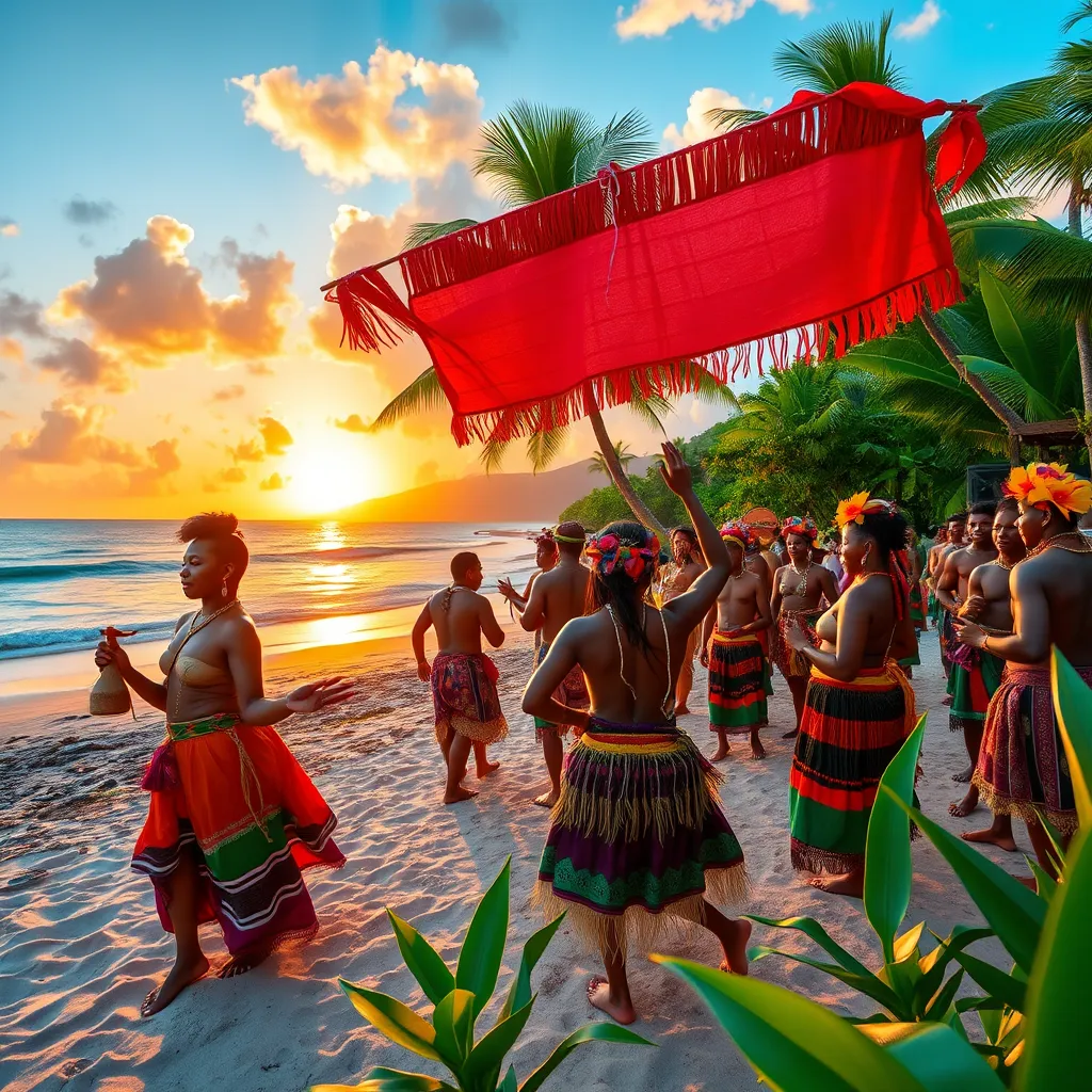 A vibrant beach scene in Guadeloupe showing a cultural celebration, with people participating in a traditional dance, surrounded by lush tropical vegetation. Include elements like local crafts, a sunset in the background, and a focus on harmony between cultural expressions and nature.