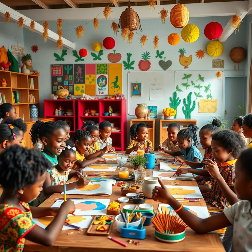 A vibrant classroom filled with children engaging in a creative workshop about Creole culture. They are painting, sculpting, and participating in traditional music activities, surrounded by colorful decorations that reflect the Caribbean heritage. The scene conveys joy and curiosity.