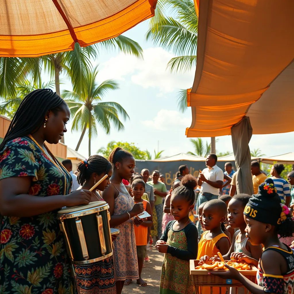 A vibrant community scene with families and children participating in workshops and cultural exhibitions. Highlight diverse activities such as steel pan lessons, local craft displays, and food sampling, all under a sunny sky showcasing the spirit of togetherness and empowerment.