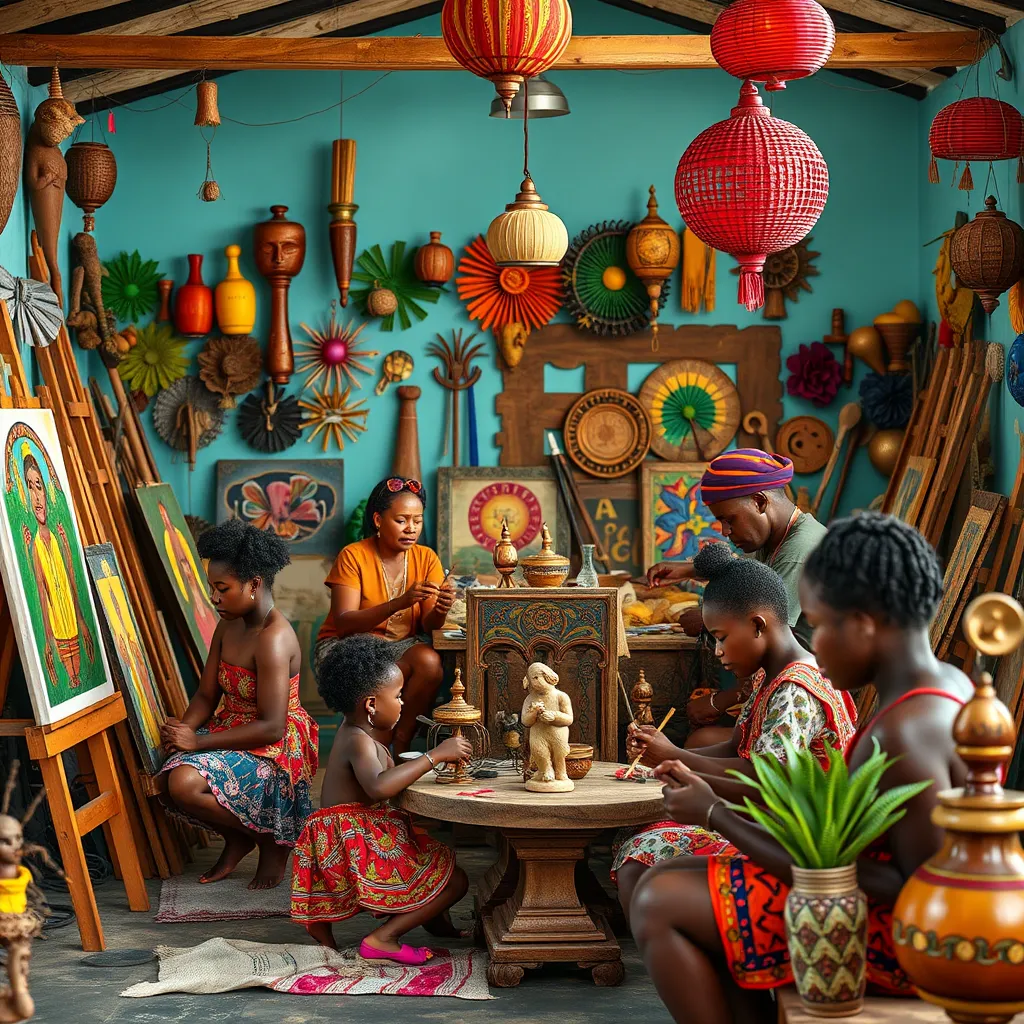 A vibrant community workshop in Guadeloupe showcasing local artisans teaching traditional creole art forms, with colorful decorations representing the Caribbean culture. Include children and adults practicing arts like painting, sculpture, and music in a lively atmosphere.
