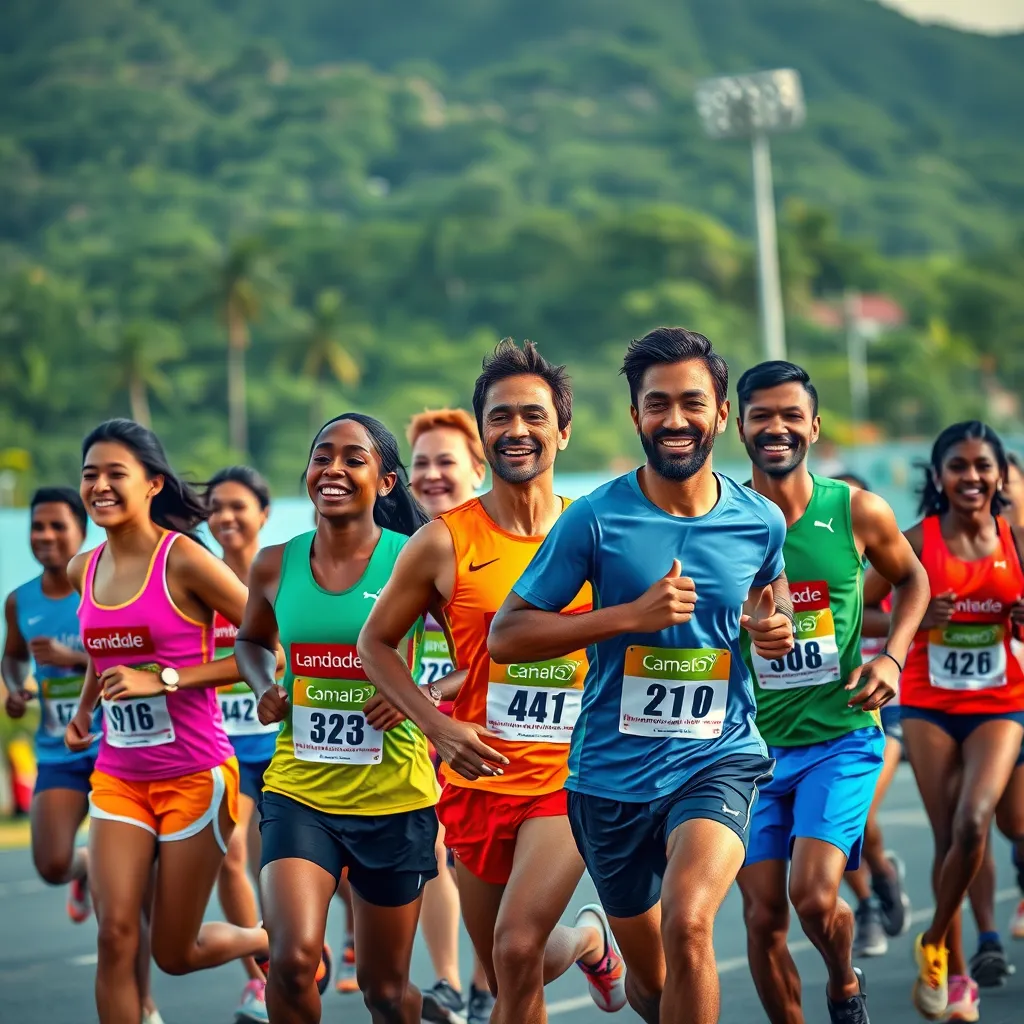 A vibrant scene capturing diverse teams participating in a relay race at Windsor Park Stadium, featuring people of different ethnicities and ages in colorful running gear. They are cheering each other on, showcasing joyful expressions with a backdrop of the lush Caribbean landscape.
