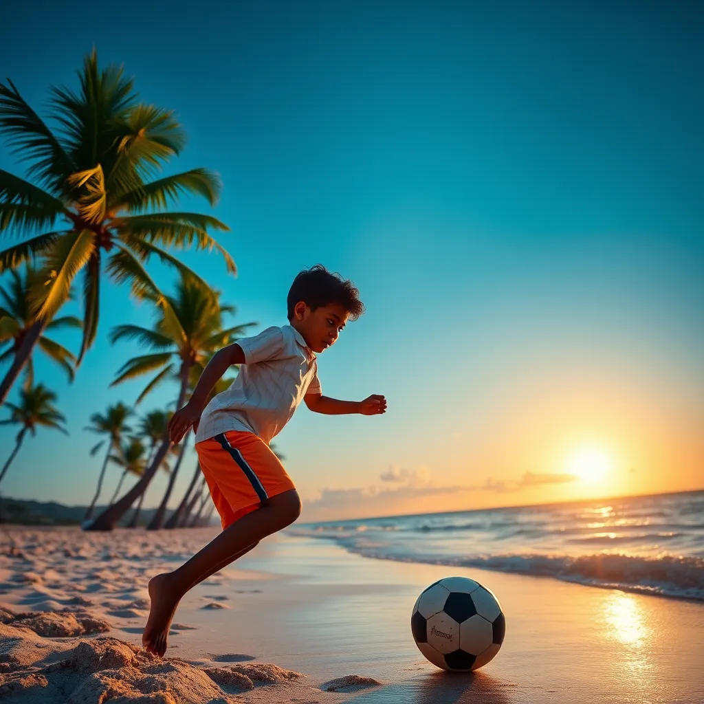A vibrant scene depicting a young boy playing football on a scenic beach in Guadeloupe, with palm trees swaying in the breeze, showcasing enthusiasm and hope. The sky is clear blue, and the sun sets beautifully in the background.