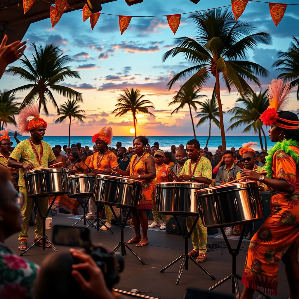 A vibrant scene of steel pan bands performing on stage, showcasing musicians from Dominica, Guadeloupe, Martinique, and Saint Lucia, dressed in colorful traditional attire, surrounded by an enthusiastic audience, with tropical decorations and a festive backdrop of palm trees and sunset.