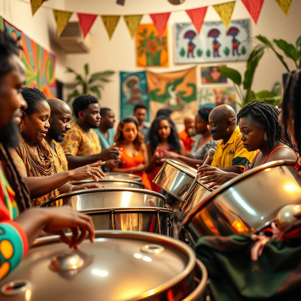 A vibrant workshop scene capturing musicians of diverse backgrounds sharing traditional steel pan techniques. Soft diffused lighting enhances the warm, inviting atmosphere. The color palette features rich Caribbean hues—turquoise, coral, and gold, evoking joy and unity. Capture the musicians mid-action, with close-ups of their hands skillfully playing the pans. Textures of the steel pans glisten under the light, reflecting the passion of community learning. Include participants excitedly engaged in discussion, surrounded by tropical plants and colorful banners. The background shows a community center adorned with local art, creating a sense of place. Style references include Caribbean folkloric art and vibrant festival aesthetics. Aim for technical specifications of 8K resolution, hyperrealistic details, focusing on expressions, emotions, and interactions.