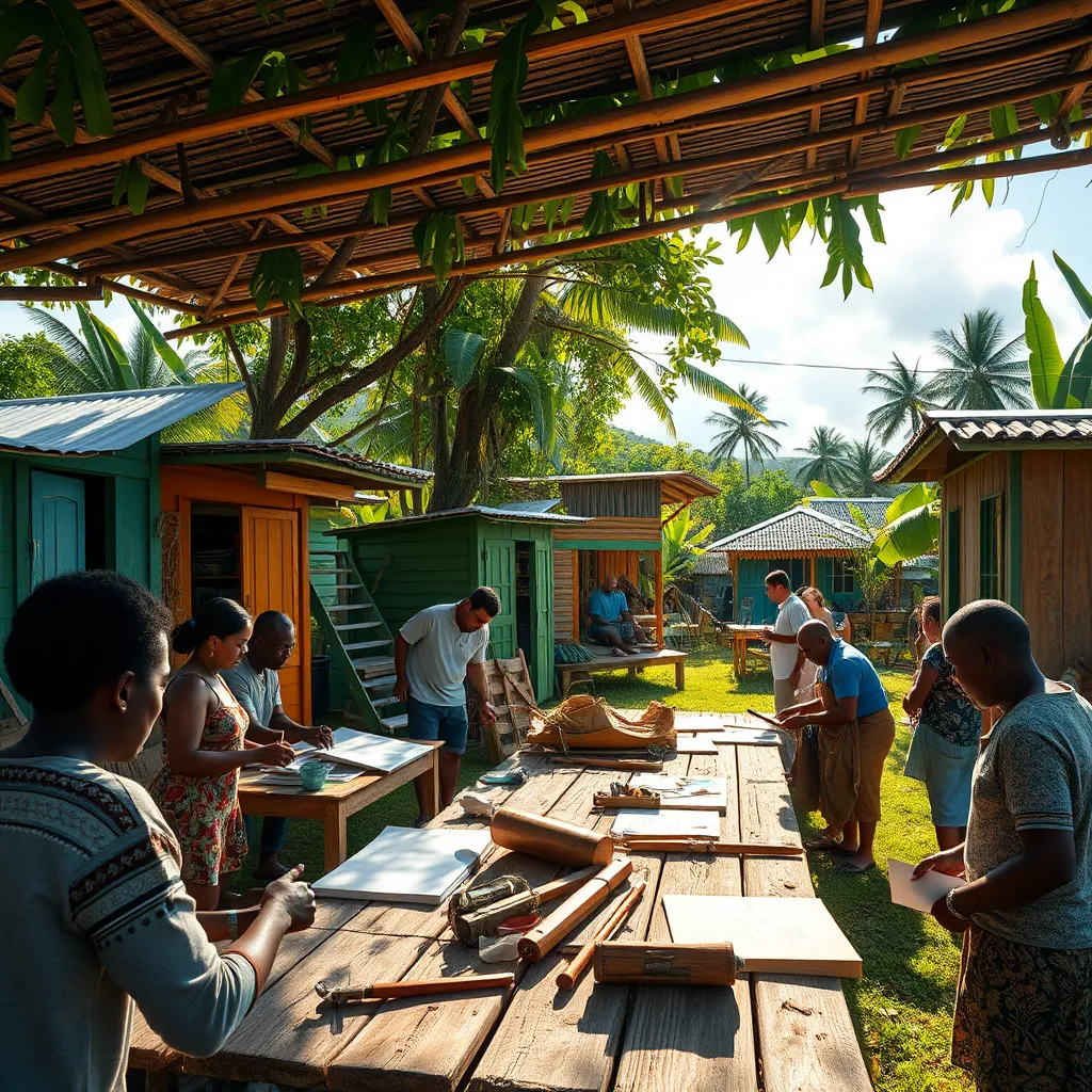 A vibrant workshop scene showcasing traditional Creole architecture techniques, with participants engaged in hands-on activities. The setting is a lush green outdoor space of Guadeloupe, featuring colorful wooden houses, tools, and architectural sketches. The sun shines, enhancing the lively atmosphere.