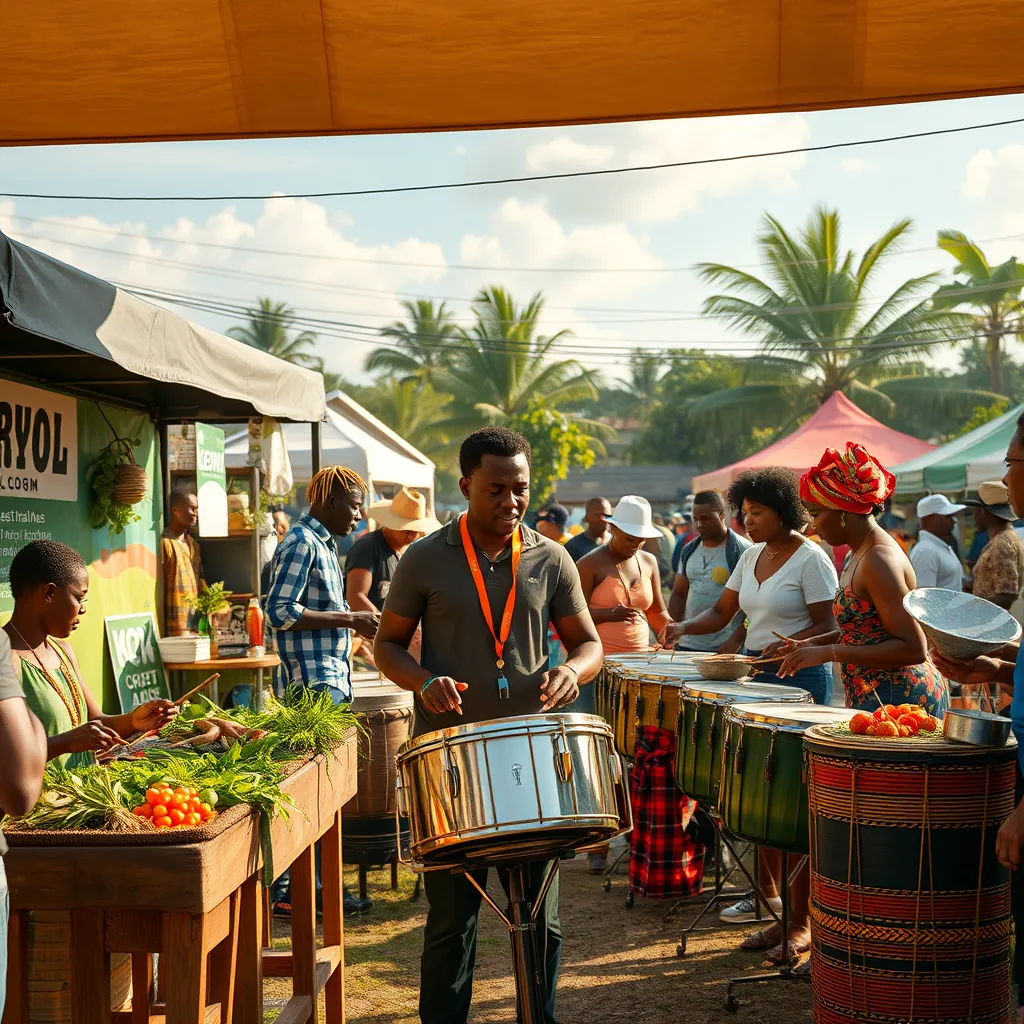 A visually rich depiction of sustainable practices at the Kreyol Steel Pan Competition, featuring eco-friendly setups, local artisans displaying their crafts, and attendees enjoying culinary delights. A clear message of cultural sustainability is represented in a vibrant outdoor festival scene.