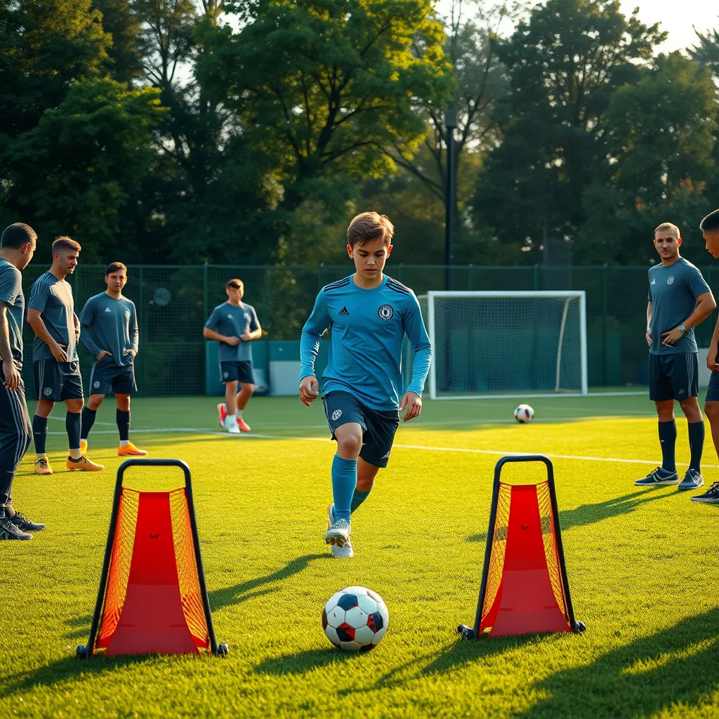 A young football player training on a lush green field, surrounded by various training equipment representing different skills. The player is engaged in a mix of technical drills, emotional coaching, and cognitive exercises, with a diverse group of coaches observing and guiding.