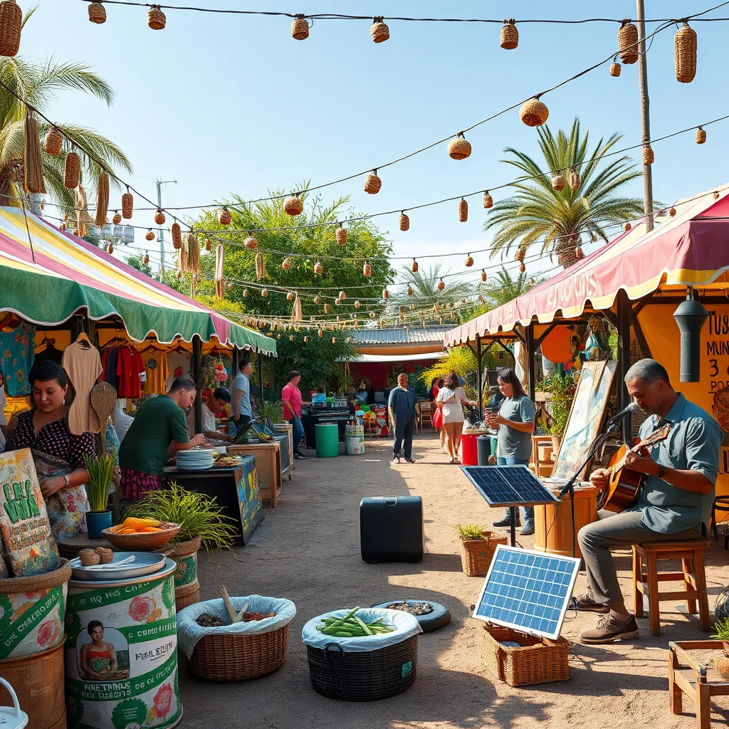 An artistic representation of a vibrant outdoor festival featuring recycled materials used for decorations and food stalls showcasing local cuisine. In the background, musicians perform on solar-powered instruments, illustrating the blend of art and environmental awareness.