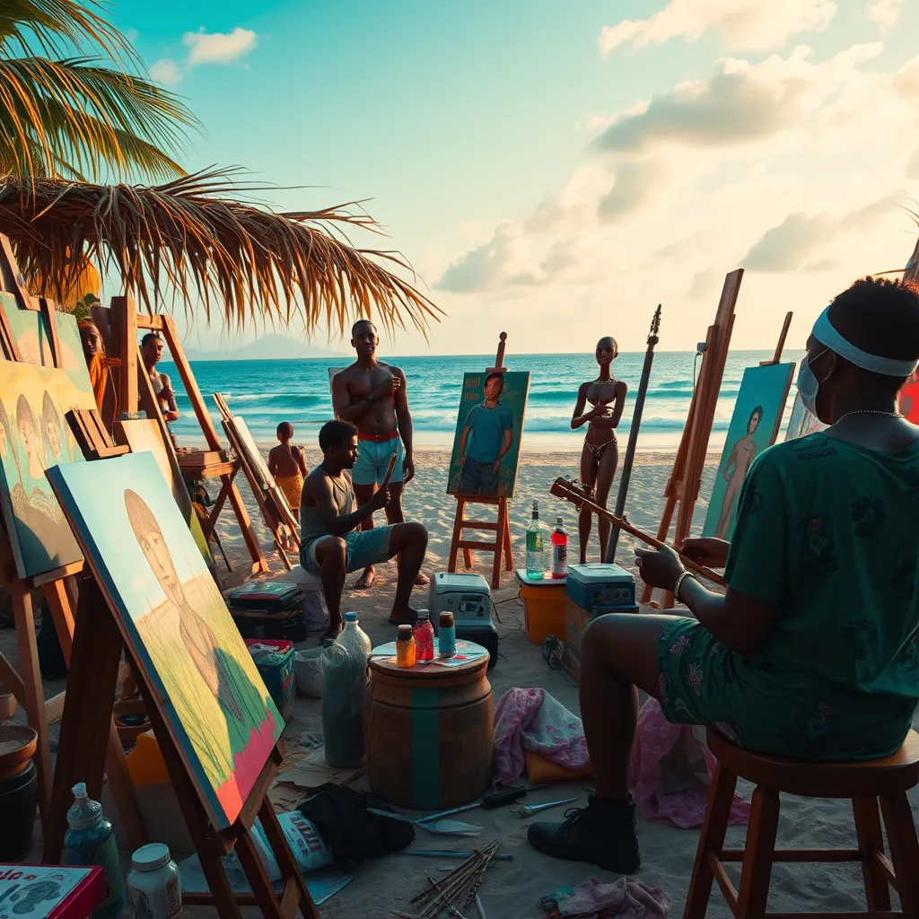 An artistic workshop scene at Good Vybz, showcasing local artists engaged in various forms of creative expression such as painting, sculpture, and music, with vibrant colors and the beach in the background, creating a lively and inspiring atmosphere.