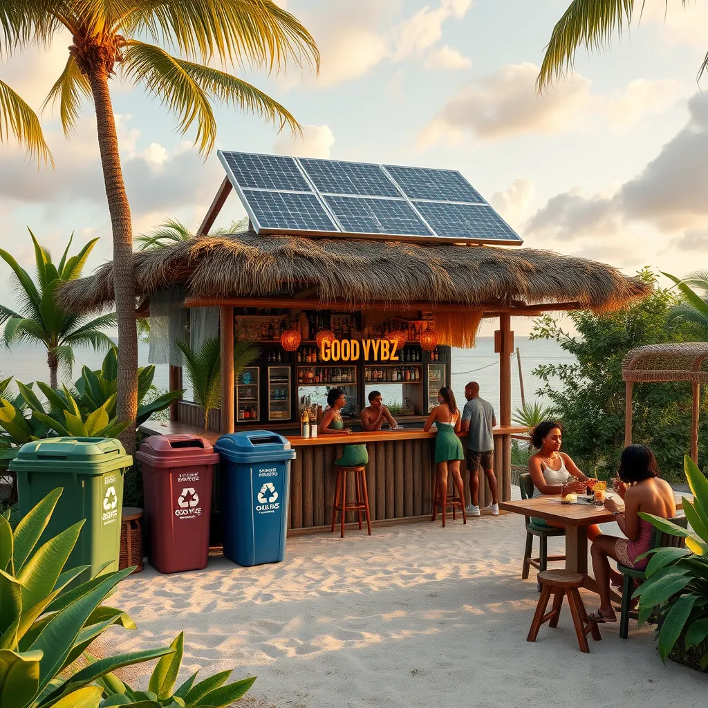 An eco-friendly beach bar setup at Good Vybz, showcasing recycling bins, solar panels on the rooftop, and patrons enjoying locally sourced drinks amidst a lush, tropical landscape, illustrating the blend of nature and sustainable living.