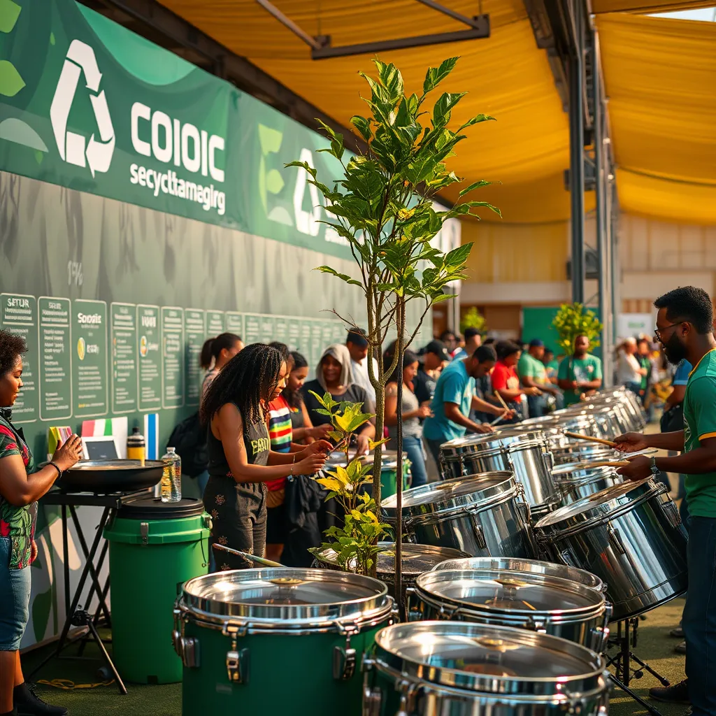 An eco-friendly event layout with recycling stations and sustainable materials on display during the steel pan competition. Participants are seen engaging in activities such as planting trees, showcasing a commitment to environmental stewardship amidst a backdrop of vibrant steel pan performances.