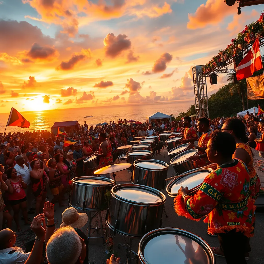 An electrifying scene from a steel pan competition with multiple bands performing on an outdoor stage set against a stunning sunset backdrop. Dramatic side lighting highlights the musicians and their colorful attire, embodying the energy and spirit of Caribbean culture. The audience is a lively mix, cheering and dancing, with flags from Guadeloupe, Dominica, Martinique, and Saint Lucia waving proudly. The stage, constructed with natural materials, includes decorative tropical flowers and banners. Detailed textures of the instruments and the musicians' expressions convey passion and enthusiasm. The color palette features rich hues of orange, pink, and blue, evoking a festive mood. A bird’s-eye perspective captures the vibrant crowds and performers in motion, delivering a sense of celebration. The image has a hyperrealistic style, ensuring every detail is crisp and engaging in 8K resolution.