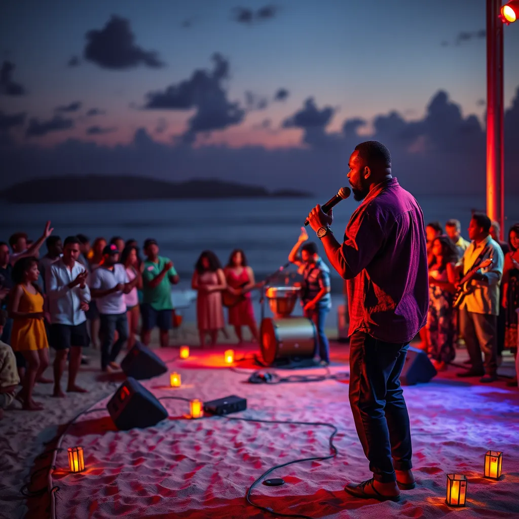 An energetic live music concert at Good Vybz, where musicians are passionately performing traditional Gwo-Ka on a sandy beach stage. The atmosphere is illuminated by dramatic side lighting that emphasizes the performers, while soft twilight hues provide a magical backdrop. The audience, made up of diverse visitors, is captured in a lively moment, involved in dancing and clapping along. The color palette blends warm yellows and reds of the lights, contrasting with the calming blues of the ocean. The perspective is a close-up shot of the lead singer in mid-performance, showcasing expressive hand movements and facial expressions. There’s a subtle texture of the sandy stage underfoot, with small decorative lanterns surrounding the area, enhancing the festive mood. The image captures the essence of cultural celebration in the style of vibrant concert photography, aiming for hyperrealistic detail in 8K resolution.