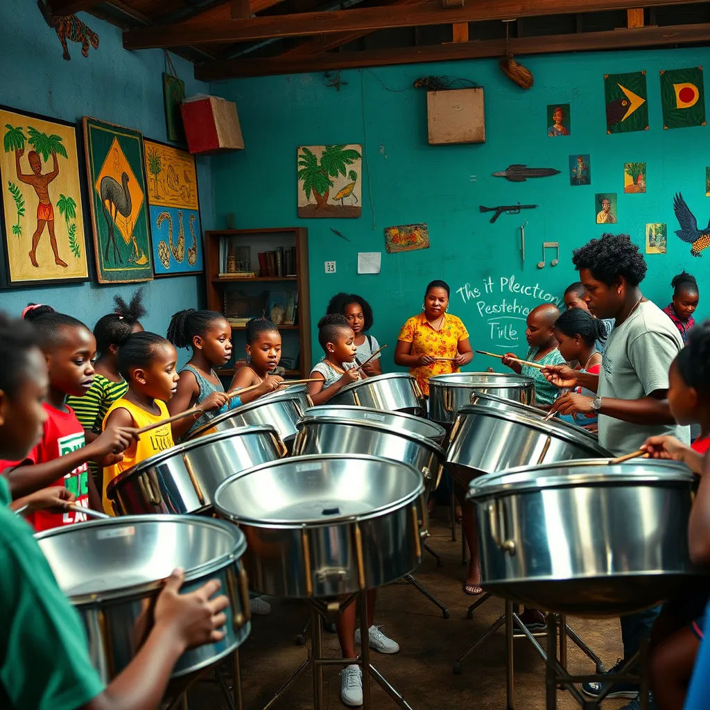 An engaging community workshop setting, where local children and adults learn to play steel pans under the guidance of experienced musicians. The environment is filled with enthusiasm, surrounded by Caribbean art and vibrant colors symbolizing the spirit of community empowerment through music.