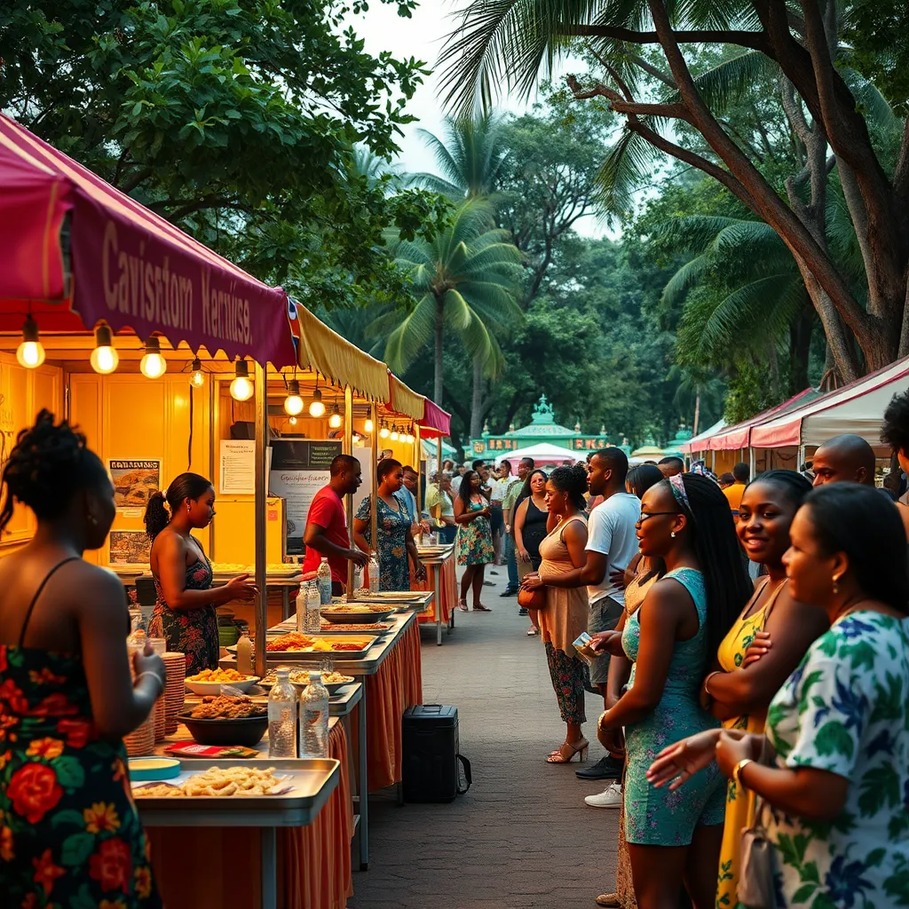 An engaging festival atmosphere at Windsor Park with booths displaying local Caribbean delicacies, colorful cultural performances, and happy participants enjoying wellness workshops. The scene captures the lively spirit of the Caribbean, highlighting the joyous interaction of community members.