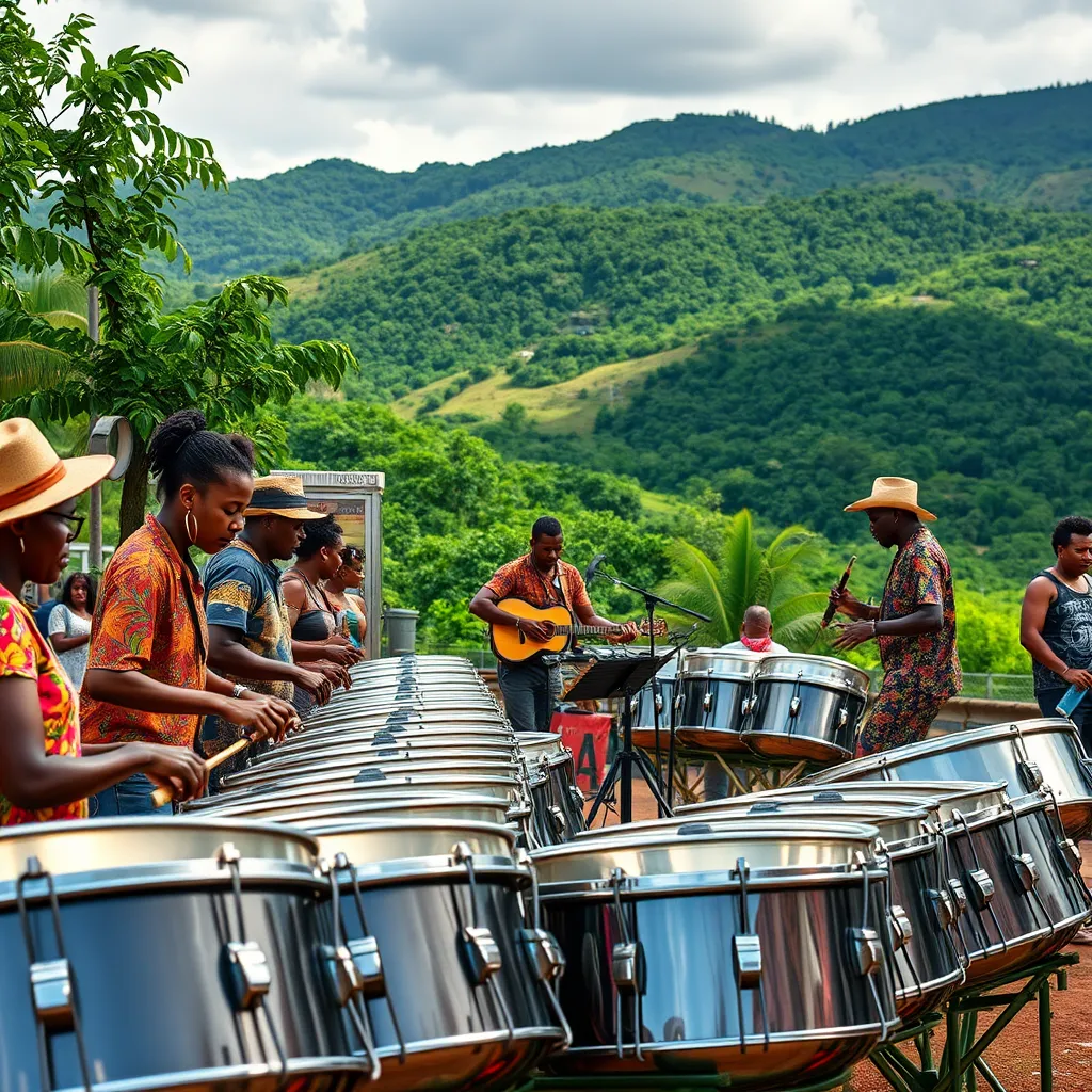 An engaging portrayal of a steelpan competition setting with eco-friendly practices in place. Include elements like recycling stations and local artisans showcasing their crafts, with musicians performing prominently. The backdrop should feature a lush, green landscape symbolizing environmental sustainability.