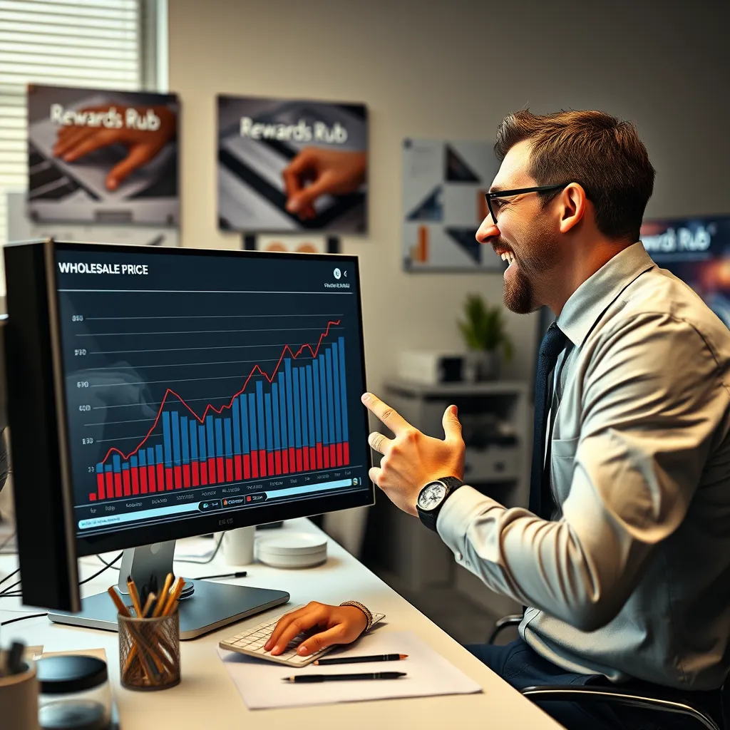 An enthusiastic business owner interacting with a computer screen displaying wholesale price charts and graphs. The room should have a professional setting with a desk, office supplies, and images of 'Rewards Rub' in the background.