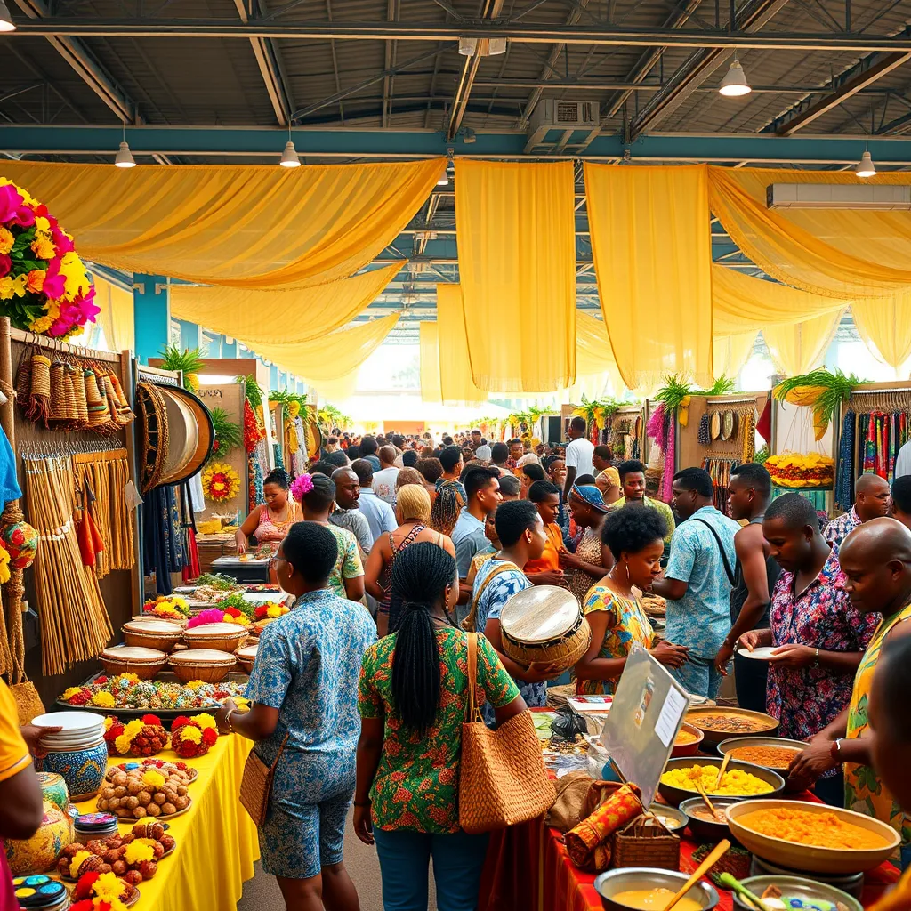 An expansive cultural exhibition scene capturing artisans displaying crafts, culinary delights, and steel pan instruments. Bright, soft lighting floods the space, inviting visitors to explore the colorful booths. The color palette brims with vibrant Caribbean colors—sunny yellows, deep blues, and lush greens, fostering a joyful ambiance. Use a wide-angle perspective to show interaction among visitors and artisans, with textures of handcrafted goods showcased in detail. Include background elements like traditional floral decorations and live music, enhancing the lively atmosphere. Artisans proudly demonstrating their work draw in crowds, creating a sense of community. Showcase a food stall with traditional dishes, highlighting the culinary richness of the islands. Style references include market photography and cultural fairs. Ensure the technical specifications reflect 8K resolution, hyperrealistic quality, emphasizing the diversity of art and culture.