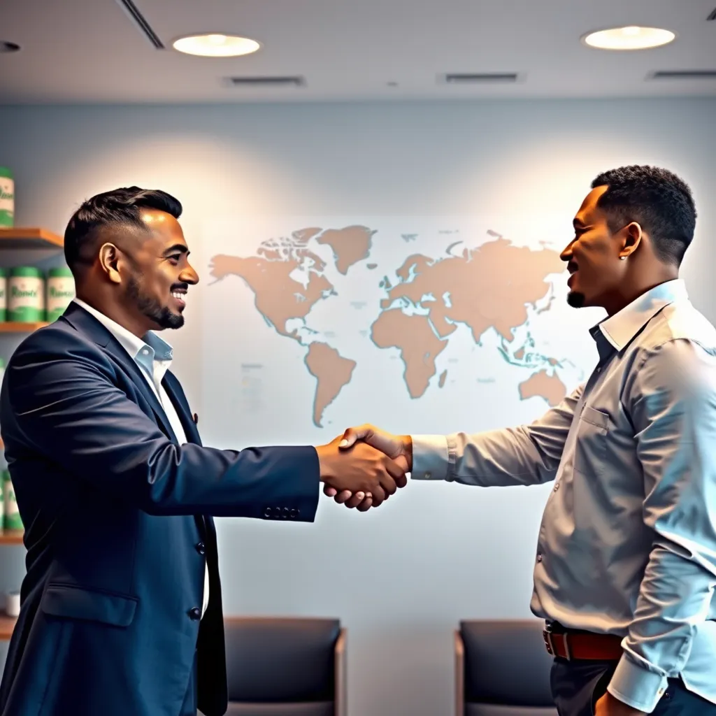 An image showing a professional business meeting with people shaking hands, set in a modern office with shelves displaying 'Rewards Rub' products. In the background, a world map highlights Dominica and other Caribbean locations, indicating distribution.
