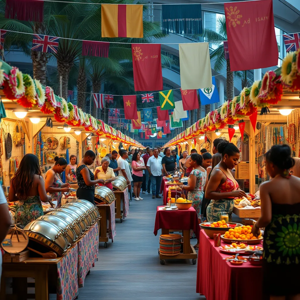 An immersive cultural exhibition with stalls displaying vibrant local crafts, including hand-painted steel pans, textiles, and handmade jewelry. The setting is an open-air plaza adorned with colorful decorations and festive lighting. Each stall is bustling with enthusiastic visitors engaging with artisans who demonstrate their craft, creating a lively atmosphere. A rich variety of traditional Caribbean foods displayed elegantly on tables with bright tropical fruits and spices enhances the sensory experience. The composition features soft diffused lighting to create an inviting mood, while colorful banners representing each island hang above. The scene is shot from a slight low angle to emphasize the textures of the crafts and the vendors' expressive interactions, encapsulating the charm of Caribbean heritage. The image is crafted in ultra-detailed 8K resolution, capturing the warmth and vibrancy of the event in a photorealistic style.
