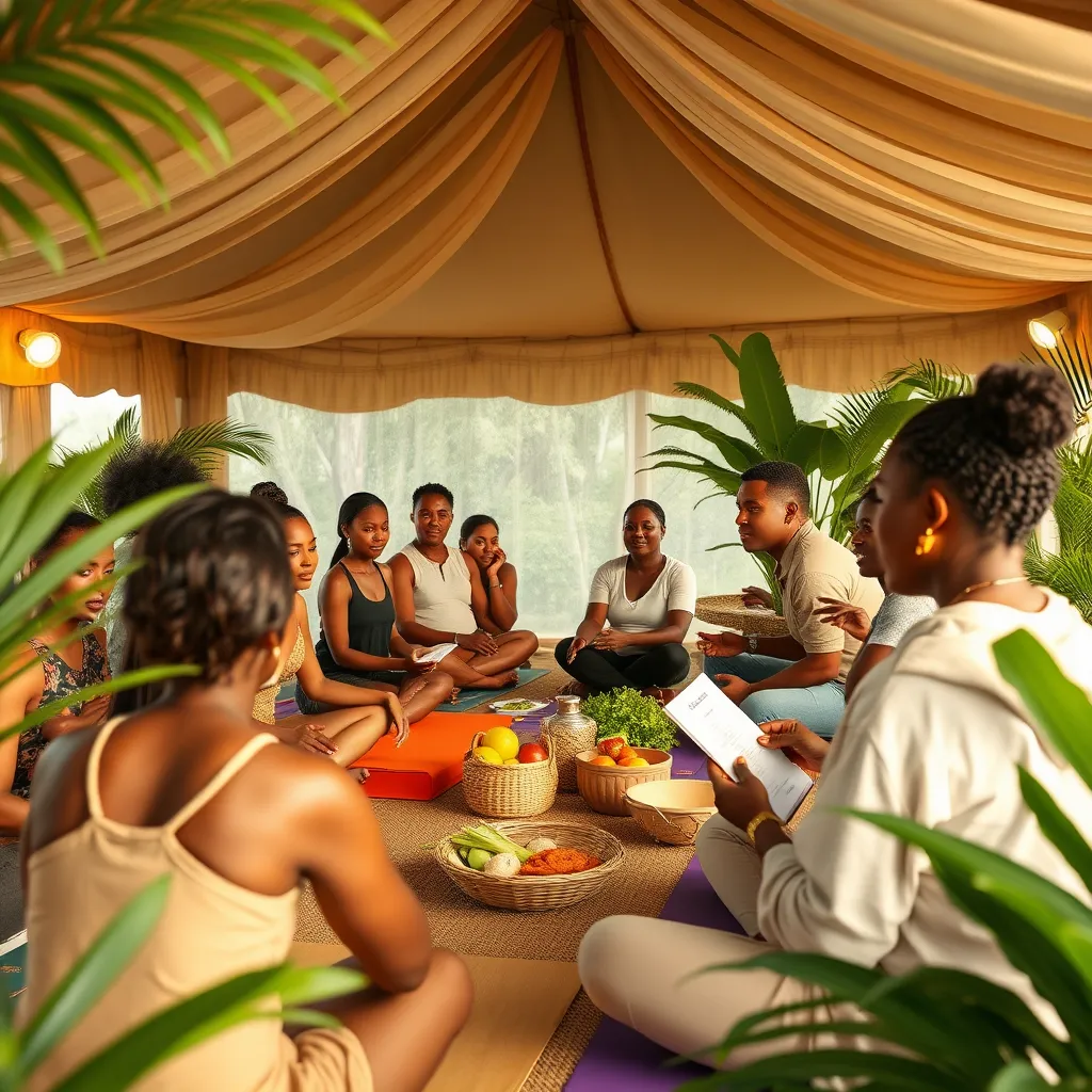 A vibrant Caribbean wellness workshop in a beautifully adorned tent at Windsor Park. Attendees of all ages are seen actively participating, learning from experienced instructors about yoga and healthy cooking. The tent is bathed in warm, soft lighting, creating a serene atmosphere. The color scheme of the scene is rich in earthy greens and browns, contributing to the calming environment. Instructors use props such as yoga mats, fresh produce, and recipe guides. The image captures the participants' concentration and enjoyment, with a close-up perspective. The surrounding lush tropical flora enhances the Caribbean feel. The image is hyperrealistic, with particular attention to details such as fabric textures and the vibrant colors of the food, rendered in ultra-high quality 8K resolution.