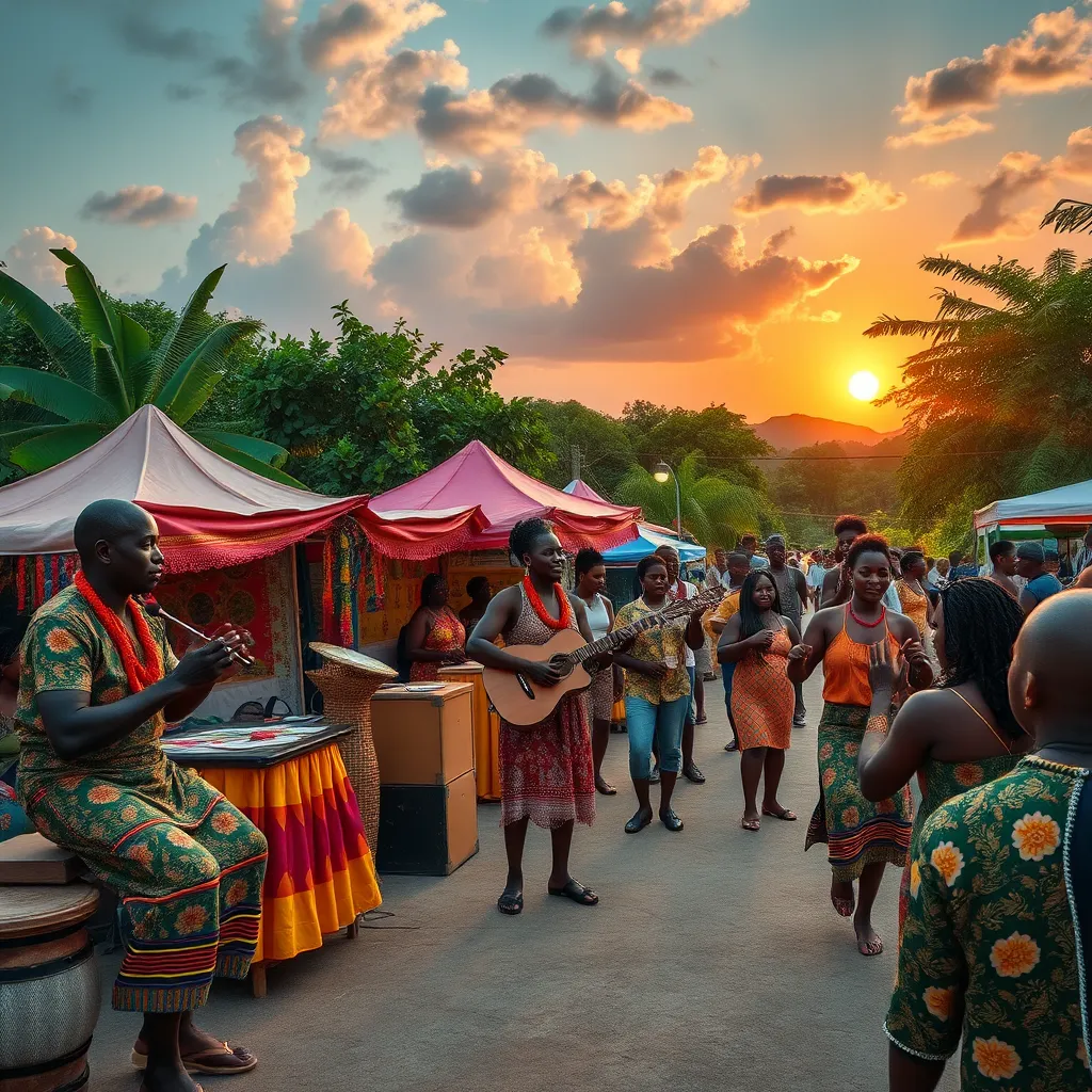 An outdoor cultural festival in Guadeloupe, showcasing musicians playing traditional Creole music, colorful stalls with local crafts, and joyful visitors dancing. The backdrop features lush greenery and a sunset, creating a festive and warm atmosphere.